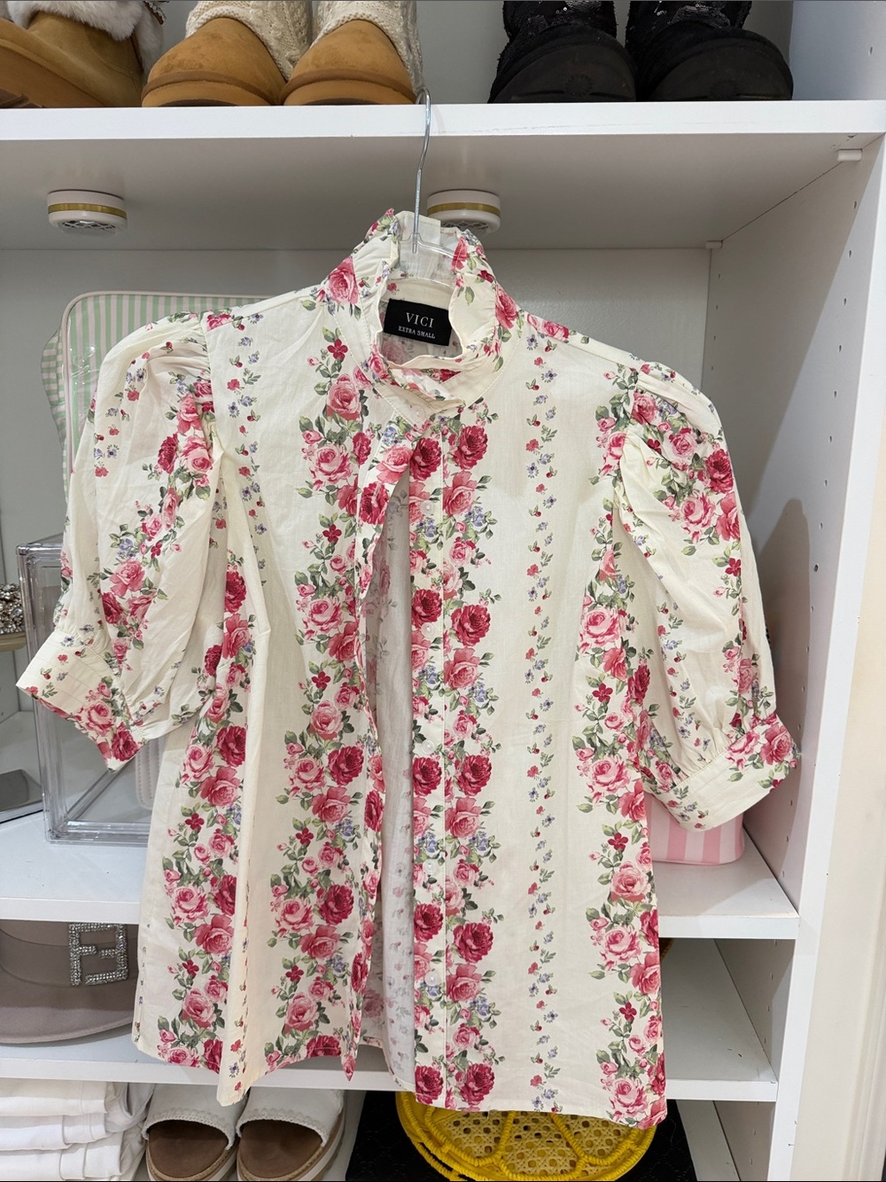 VICI Cream Floral Puff-Sleeve Girls Dress with Pink Roses